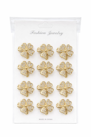 Martisoare - Set 12 brose Martisor pe carton prezentare, 17x10 cm, Cadou 1 Martie, Trifoi auriu cu strasuri