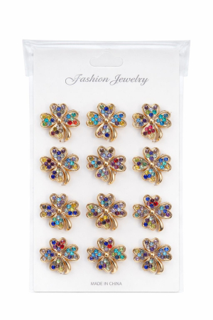 Martisoare - Set 12 brose Martisor pe carton prezentare, 17x10 cm, Cadou 1 Martie, Trifoi cu strasuri multicolor