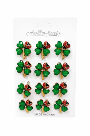 Martisoare - Set 12 brose Martisor pe carton prezentare, 17x10 cm, Cadou 1 Martie, Trifoi norocos cu Buburuza