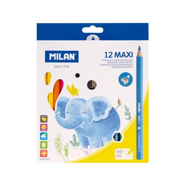 Set 12 creioane colorate groase Milan Maxi + ascutitoare – culori vibrante si design ergonomic pentru copii,  [1]