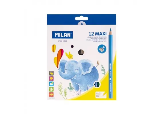 Accesorii scolare Engros - Set 12 creioane colorate groase Milan Maxi + ascutitoare – culori vibrante si design ergonomic pentru copii, 