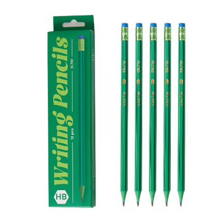 Birotica, papetarie si rechizite Engros - Set 12 Creioane Negre, , HB, pentru Scoala, cu Radiera, Model Verde-Albastru, 19 cm