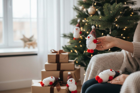 Set 12 decoratiuni Craciun Mos Craciun din burete cu pompon rosu, 14cm per buc [2]