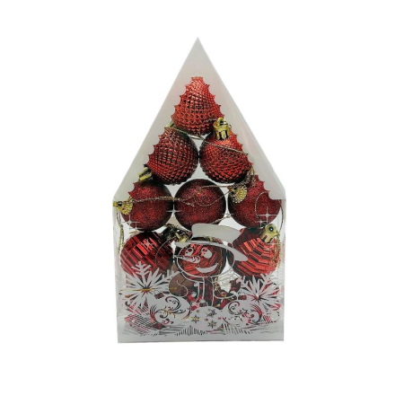 Articole de Craciun Engros - Set 12 globuri de Craciun pentru brad –20x12x4cm, nuanta rosu, ambalaj in forma de casuta, finisaj lucios/satinat/ sclipici