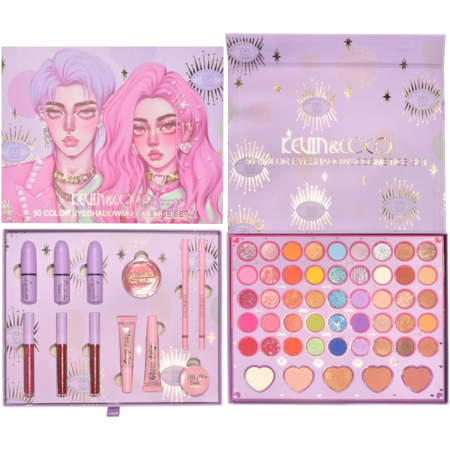 Ingrijire personala si cosmetice Engros - Set 13 piese cosmetice Kevin&Coco, 6 Lip Gloss, 2 Gloss drip, Ceara sprancene, Crema blus, Creion , paleta farduri 50 culori nuante rose/nude/maro, cutie patrata, multicolor