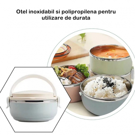 Set 2 Caserole pentru alimente , lunch box, 1400 ml, otel inoxidabil, maner, valva aerisire, 15.5 x 15 cm, inchidere etansa, multicolor [1]