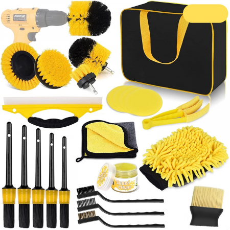 Electronice, Auto & Telefoane Engros - Set 23 Accesorii pentru Curatare Auto, , din PP si Microfibra, Interior/Exterior, 30 x 24 x 12 cm, Galben/Negru