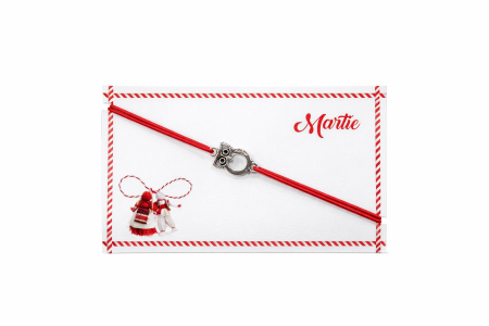 Martisoare - Set 24 bratari martisor 8x5 cm snur rosu cu charm bufnita, cadou primavara