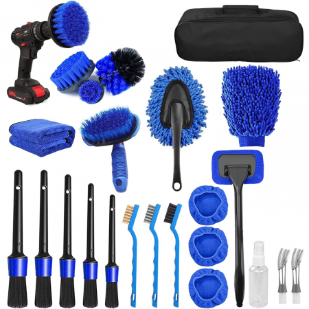 Electronice, Auto & Telefoane Engros - Set 25 Accesorii pentru Curatare Auto, , din PP si Microfibra, Interior/Exterior, 30 x 24 x 12 cm, Albastru/Negru