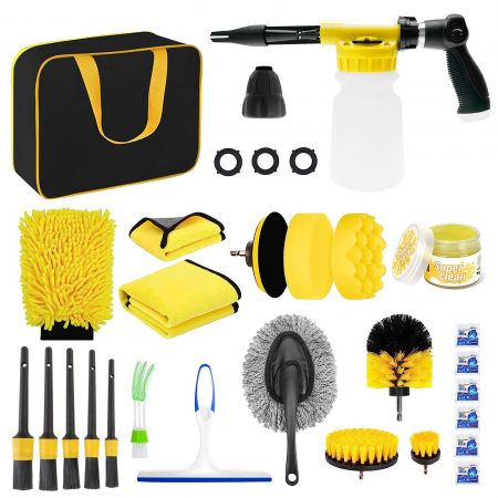 Electronice, Auto & Telefoane Engros - Set 26 Accesorii pentru Curatare Auto, , din PP si Microfibra, Interior/Exterior, 30.5 x 27.5 x 16 cm, Galben/Negru