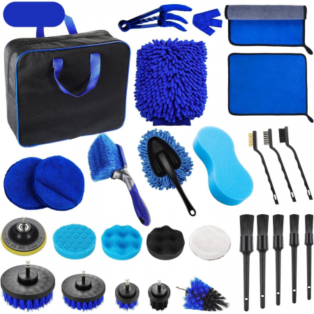 Electronice, Auto & Telefoane Engros - Set 29 Accesorii pentru Curatare Auto, , din PP si Microfibra, Interior/Exterior, 30 x 24 x 12 cm, Albastru/Negru