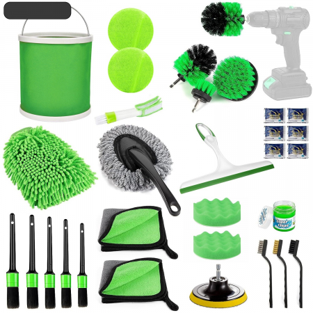 Electronice, Auto & Telefoane Engros - Set 30 Accesorii pentru Curatare Auto, , din PP si Microfibra, Interior/Exterior, 30 x 24 x 12 cm, Verde