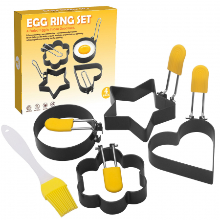 Articole pentru Casa Engros - Set 4 forme pentru ou , din otel, strat antiaderent, diametru 7.5 cm, cu maner din ABS, negru
