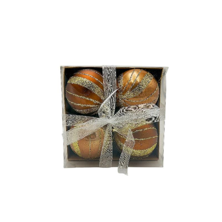 Articole de Craciun Engros - Set 4 globuri de Craciun pentru brad – 16x16x7cm, nuanta auriu, finisaj lucios/detalii sclipici , ambalaj cu fundita