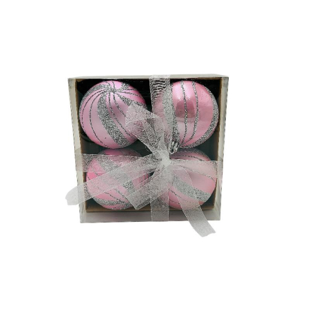 Articole de Craciun Engros - Set 4 globuri de Craciun pentru brad – 16x16x7cm, nuanta roz delicat, finisaj lucios/detalii sclipici , ambalaj cu fundita