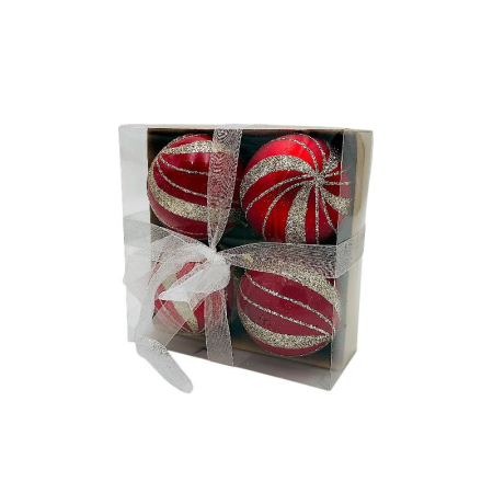 Set 4 globuri de Craciun pentru brad – 16x16x7cm, nuanta rosu intens, finisaj lucios/detalii sclipici , ambalaj cu fundita [1]