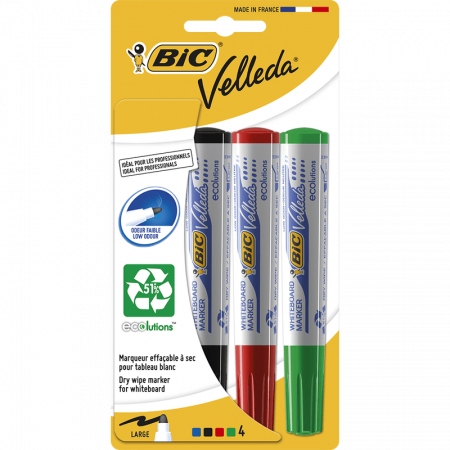 Set 4 Markere pentru tabla Bic Vellada, 4 culori – rosu, verde, albastru si negru, usor de sters,  [1]