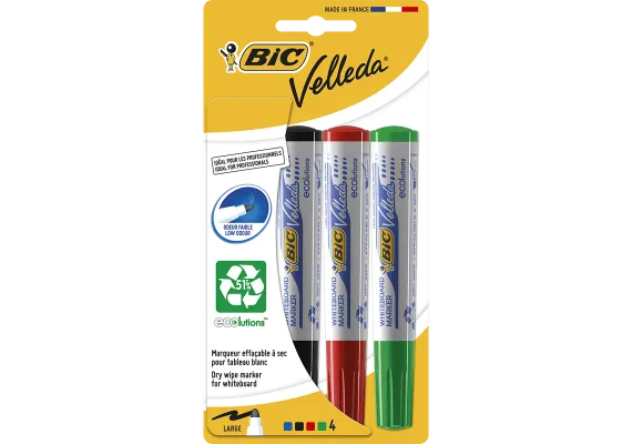 Birotica, papetarie si rechizite Engros - Set 4 Markere pentru tabla Bic Vellada, 4 culori – rosu, verde, albastru si negru, usor de sters, 
