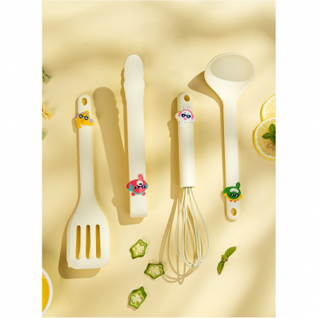 Set 4 Ustensile de Bucatarie, , pentru Copii, din Silicon, Termorezistente, Design Animat, 13 x 24 x 5 cm, Bej [7]