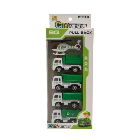 Vehicule, masinute, avioane, tancuri - Set 4 Vehicule City Sanitation BQ Pull-Back – Camioane Gunoi Reciclare Elicopter Jucarie Copii 3+