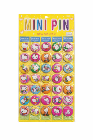 Martisoare - Set 40 insigne rotunde 3 cm cu pisicuțe fashion, display galben 13x38 cm