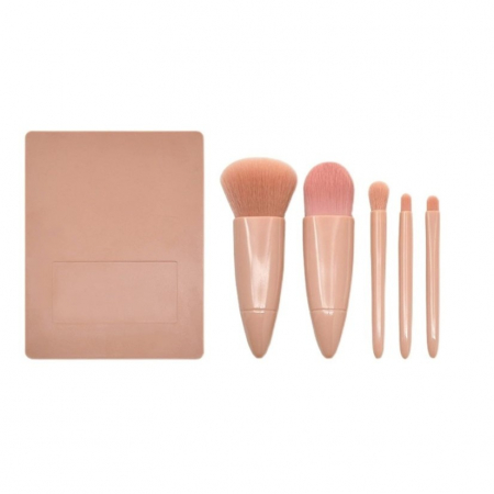 Ingrijire personala si cosmetice Engros - Set 5 Mini Pensule de Machiaj, , Portabile, in Carcasa cu Oglinda, din Par Sintetic Moale, Roz Pastel, 12x7x2.5 cm