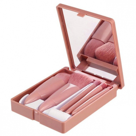 Set 5 Mini Pensule de Machiaj, , Portabile, in Carcasa cu Oglinda, din Par Sintetic Moale, Roz Pastel, 12x7x2.5 cm [3]