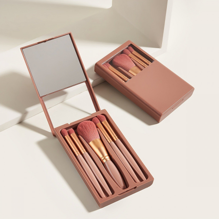Ingrijire personala si cosmetice Engros - Set 5 Pensule de Machiaj cu Peri Moi, , cu Suport pentru Depozitare si Oglinda, Roz Inchis