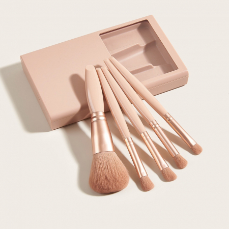 Ingrijire personala si cosmetice Engros - Set 5 Pensule de Machiaj cu Peri Moi, , cu Suport pentru Depozitare si Oglinda, Roz Pal