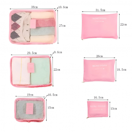 Set 6 Genți de Calatorie, , pentru Depozitare, Impermeabile, Organizator, Multifuncționale, Design cu Plasa, Pliabile, Fermoar, Dimensiuni Diferite, Roz [1]