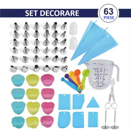Set 63 Piese Ustensile pentru Ornare Prajituri, , din Plastic si Otel Inoxidabil, Forme Briose, Multicolor [3]