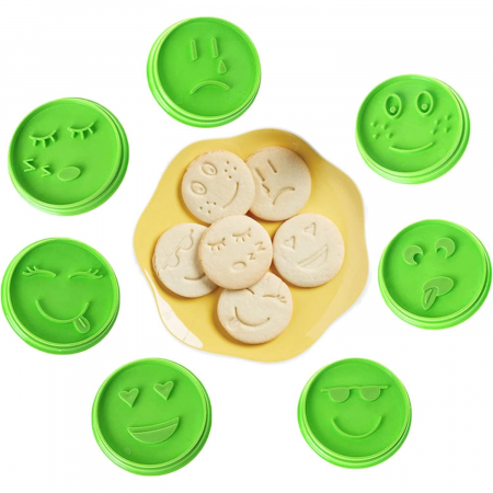 Set 7 Forme de Prajituri, , Model Emoticoane Smiley Face, Diferite Expresii, 7.7 x 1.5 cm, din PP, Verde [4]