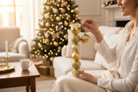 Set 7 globuri Craciun auriu 40x6 cm finisaj mat lucios sclipici [2]