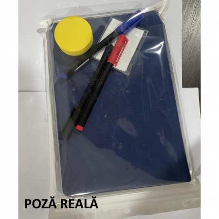 Set Agenda A5 Reutilizabila cu Pagini Tip Tabla, Agenda Pagini Albe cu Stergere Uscata, 3 Markere, 1 Burete și 1 Laveta de sters, Portabila, 24 x 16.5 cm, Coperta Piele, Albastru [5]
