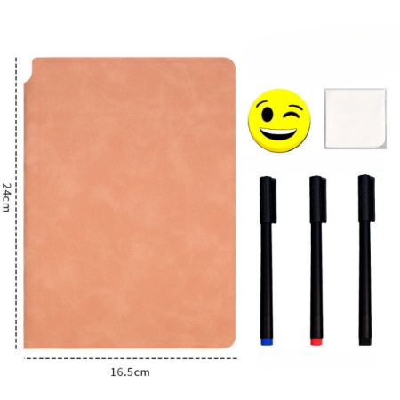 Set Agenda A5 Reutilizabila cu Pagini Tip Tabla, Agenda Pagini Albe cu Stergere Uscata, 3 Markere, 1 Burete și 1 Laveta de sters, Portabila, 24 x 16.5 cm, Coperta Piele, Roz Pal [1]