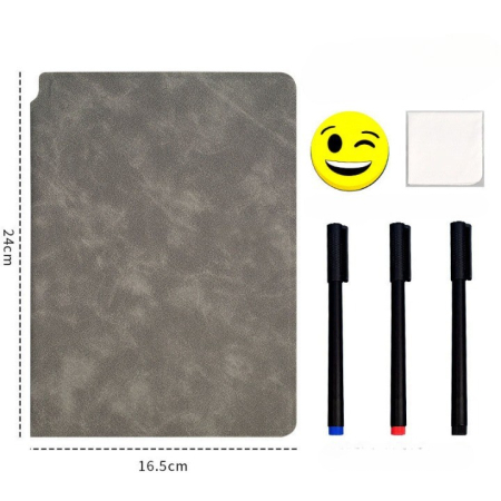 Set Agenda A5 Reutilizabila cu Pagini Tip Tabla, Agenda Pagini Albe cu Stergere Uscata, 3 Markere, 1 Burete și 1 Laveta de sters, Portabila, 24 x 16.5 cm, Coperta Piele, Maro [5]