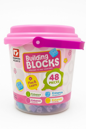 Jocuri de constructie si puzzle-uri - Set Blocuri de Construit Building Blocks – 48 Piese – Galetusa din Plastic, 18x17cm