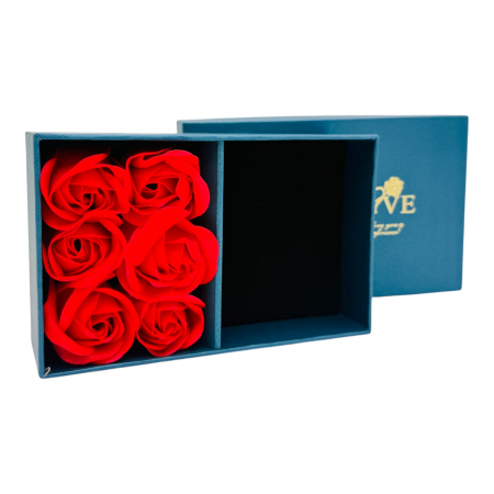 Set cadou, aranjament floral cu 6 trandafiri de sapun, compartiment pentru cadouri si punguta premium  [2]