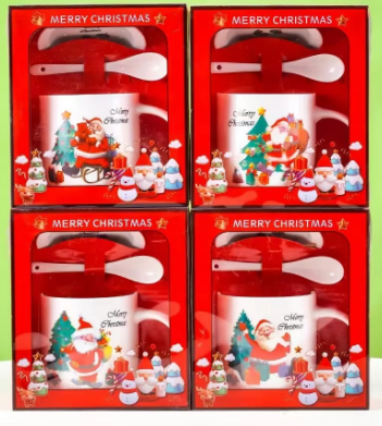 Set cana ceramica Craciun cu lingurita, farfurie si cutie cadou rosie – Merry Christmas, 300 ml [1]