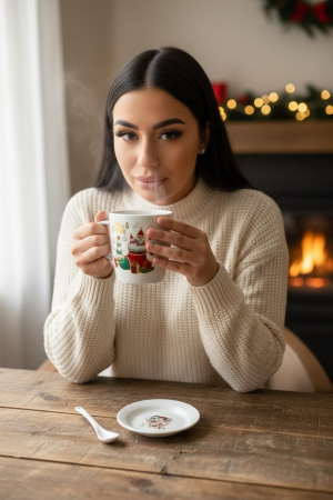 Set Cana Ceramica cu Lingurita si Farfuriuta, Tematica de Craciun, în Cutie Cadou –17.5x15x9cm [1]