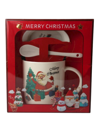 Cani tematice Craciun Engros - Set Cana Ceramica cu Lingurita si Farfuriuta, Tematica de Craciun, în Cutie Cadou –17.5x15x9cm