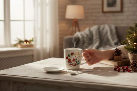 Set Cana Ceramica cu Lingurita si Farfuriuta, Tematica de Craciun, în Cutie Cadou –17.5x15x9cm [2]