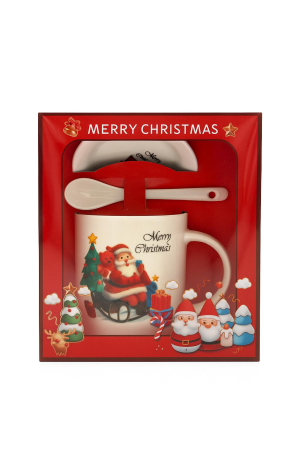 Cani tematice Craciun Engros - Set Cana Ceramica cu Lingurita si Farfuriuta, Tematica de Craciun, în Cutie Cadou –17.5x15x9cm