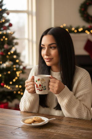 Set Cana Ceramica cu Lingurita si Farfuriuta, Tematica de Craciun, în Cutie Cadou –17.5x15x9cm [1]