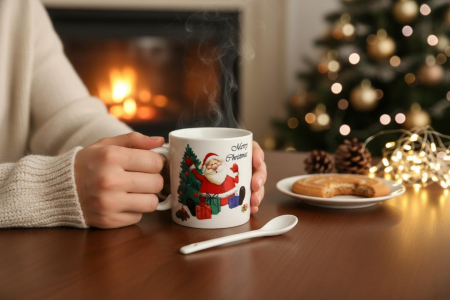 Set Cana Ceramica cu Lingurita si Farfuriuta, Tematica de Craciun, în Cutie Cadou –17.5x15x9cm [2]