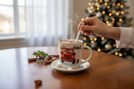 Set Cana Ceramica cu Lingurita si Farfuriuta, Tematica de Craciun, în Cutie Cadou –17.5x15x9cm [3]