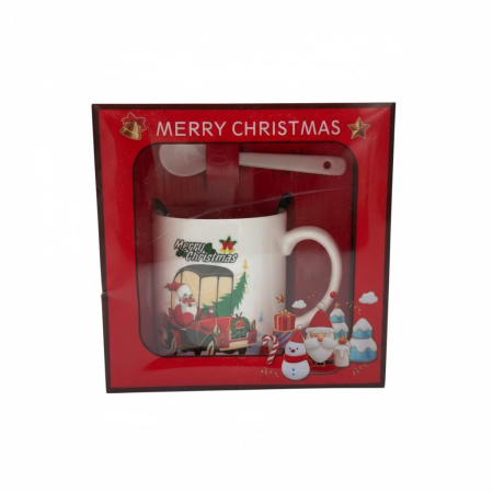 Cani tematice Craciun Engros - Set Cana Ceramica cu Lingurita, Tematica de Craciun, în Cutie Cadou – 14x14x8.5cm