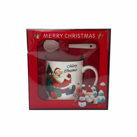 Cani tematice Craciun Engros - Set Cana Ceramica cu Lingurita, Tematica de Craciun, în Cutie Cadou – 14x14x8.5cm