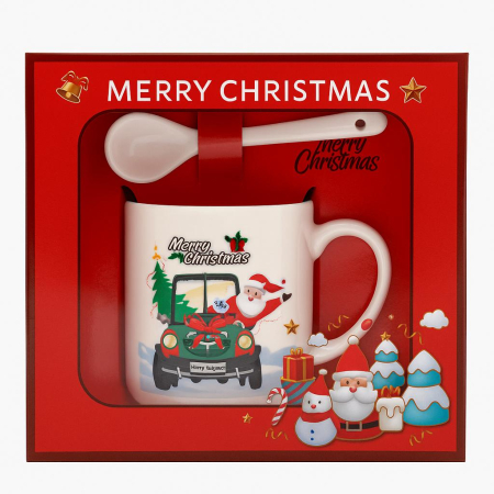 Cani tematice Craciun Engros - Set Cana Ceramica cu Lingurita, Tematica de Craciun, în Cutie Cadou – 14x14x8.5cm