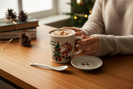 Set Cana Ceramica cu Lingurita si Farfuriuta, Tematica de Craciun, în Cutie Cadou –17.5x15x9cm [1]